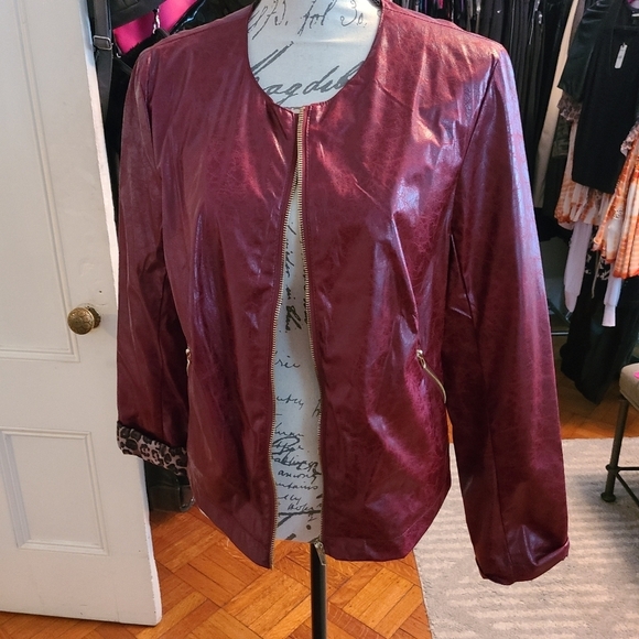 jonathan paul richard Jackets & Blazers - Red Faux Leather Jacket w Leopard on inside Jonathan PUl Richard HP 10x🔥🔥